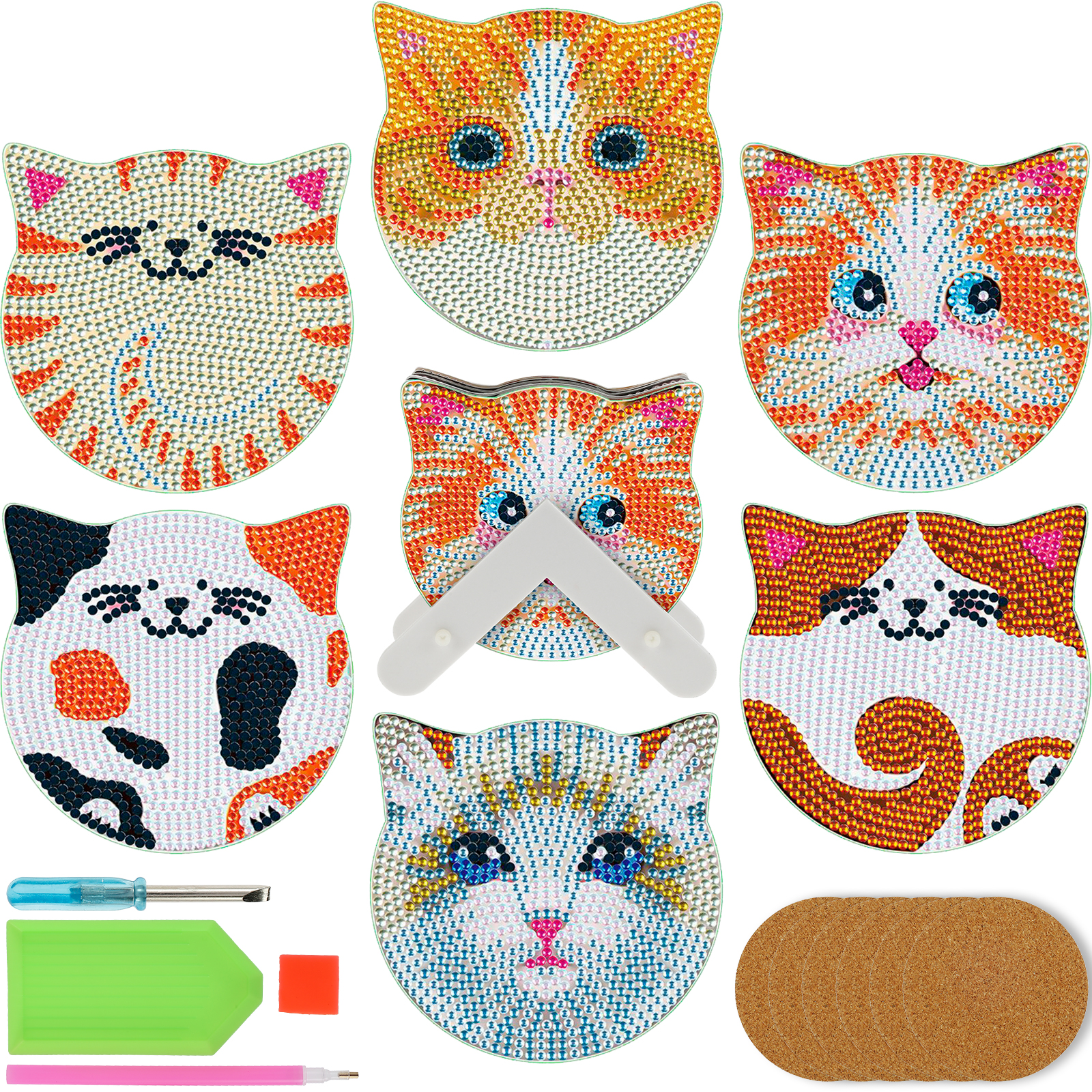 MTFun 6 Pcs Diamond Dot Coasters with Holder Acrylic Diamond Art Coaster  Set for Beginners Non-Slip Cute Cat DIY Diamond Coaster for Cup Table  Adults